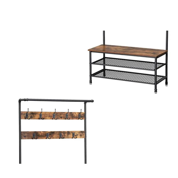 Benjara Metal Coat Rack with Wooden Bench and Two Wire Meshed Shelves, Brown and Black