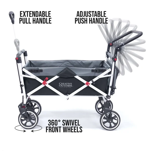 Push Pull Titanium Series Plus Folding Wagon Stroller with Canopy - Black Black/Gray, Assembly Required