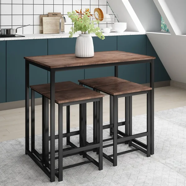 5 Piece Dining Set for 4 Rustic Kitchen Counter Height Pub Table Set with 4 Stools - Brown