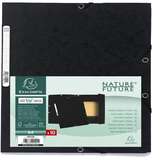 Exacompta - Ref. 55501SE - Pack of 10 Elastic Folders 3 Flaps Glossy Card 400 GSM A4 - Black