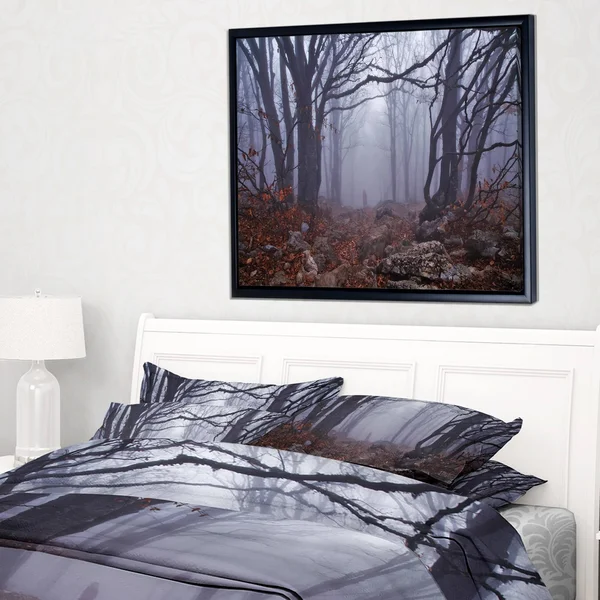 Designart 'Dark Foggy Forest in Autumn' Landscape Photography Framed Canvas Print - 20 in. Wide x 12 in. High - Black