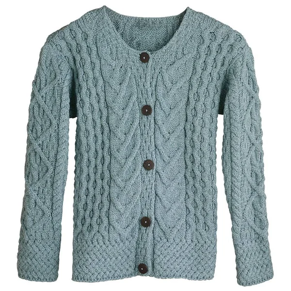 Aran Woollen Mills Women's Button Down Sweater - Aileen Aran Cardigan - Blue