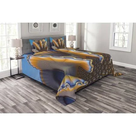 Nautical Bedspread Set, Fantastic Shells in The Sea Ocean Sci Fi Style Featured Artistic Graphic, Decorative Quilted Coverlet Se