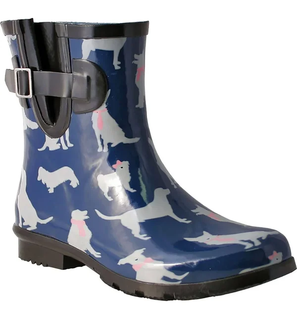 Nomad Women's Droplet Rain Boot - Size: 7, Navy/White Dogs