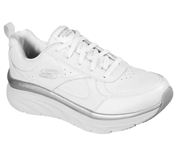 Skechers Women's Relaxed Fit: D&Lux Walker - Timeless Path Sneakers - White/Silver, 5.5