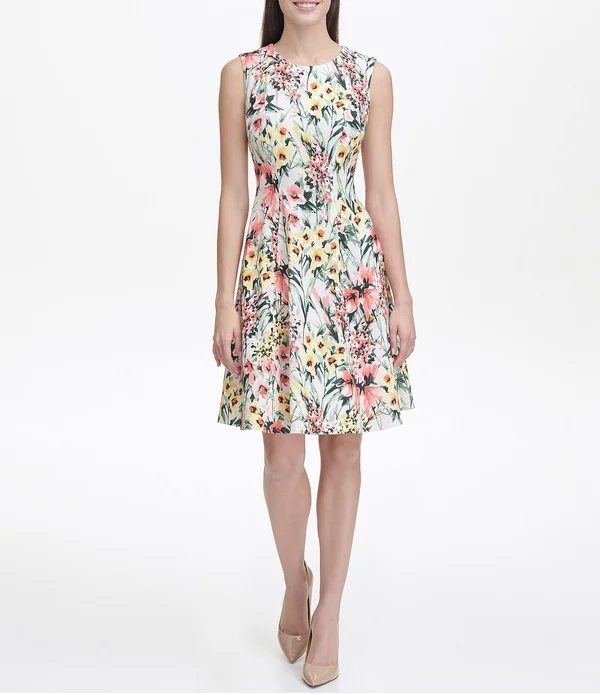 Tommy Hilfiger Women's Fit and Flare Dress - Parchment Multi, 16