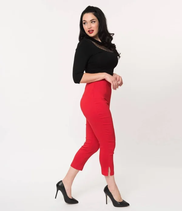 Unique Vintage Red High Waist Rachelle Capri Pants, Size M/6-8