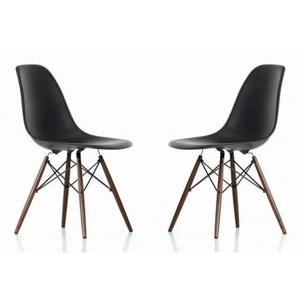 Contemporary Retro Molded Style Black Accent Plastic Dining Shell Chair with Dark Walnut Wood Eiffel Legs (Set of 2)