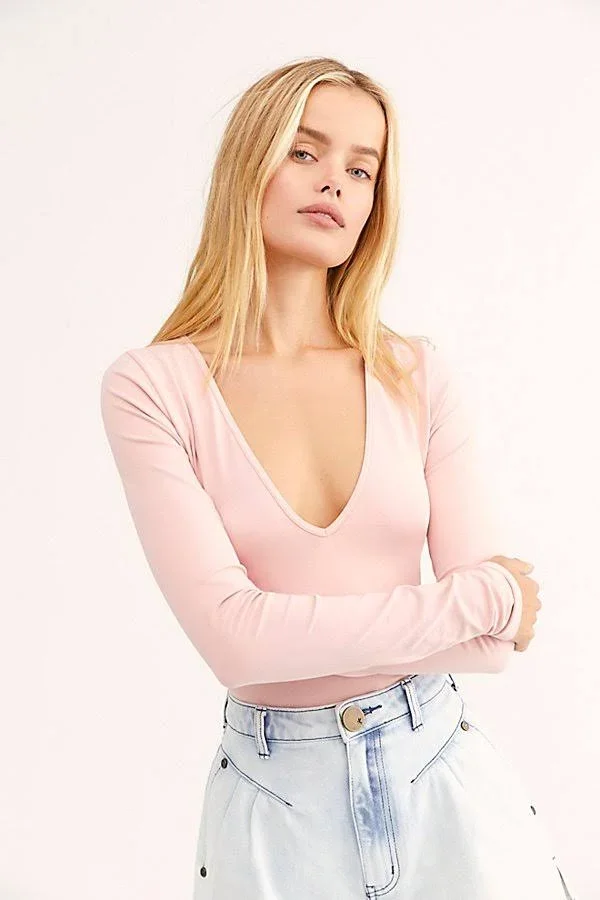 Seamless Solid Deep V by Intimately at Free People in Pink - Size: XS/S