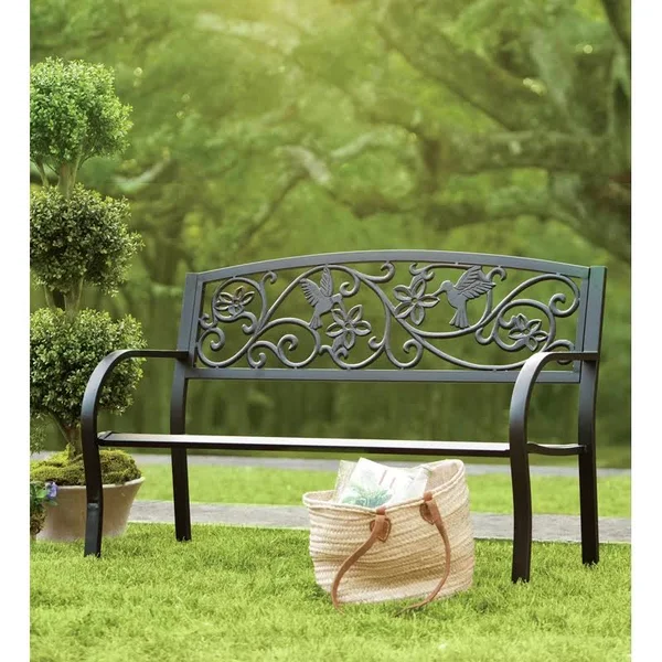 Cast Aluminum Outdoor Garden Bench with Hummingbird Design - Black