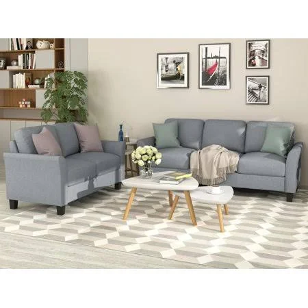 2 Pieces Living Room Furniture Set, Loveseat Sofa and 3-Seat Sofa Couches, Linen Fabric Upholstered Sofa Set, Living Room Set Fu
