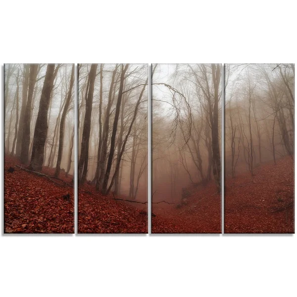Design Art PT9809-40-30 Red Leaves in Foggy Fall Forest Landscape Photo Canvas Print - Red, 40x30x22