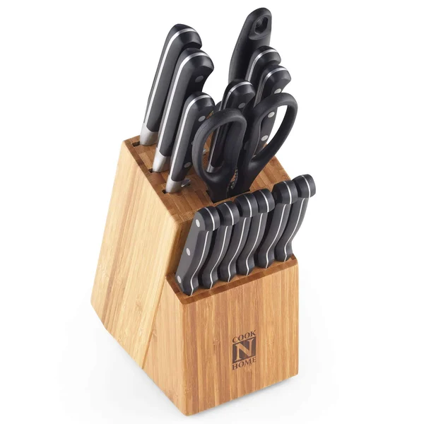 Cook N Home 02630 15-Piece Knife Set with Bamboo Storage Block - Stainless STEE Silver