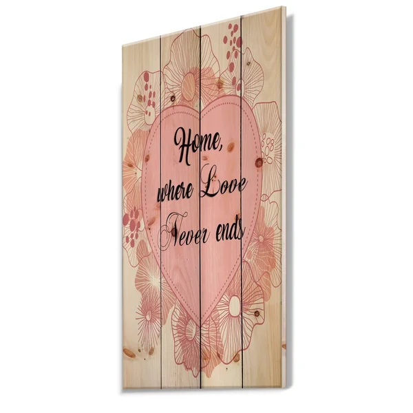 Designart 'Home Where Love Never Ends. Pink Floral Heart' Textual Entrance Art on Wood Wall Art - 20 in. Wide x 40 in. High