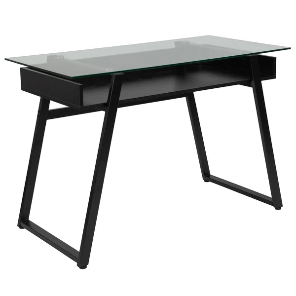 Flash Furniture Huntley Glass Computer Desk with Shelf and Black Metal Legs