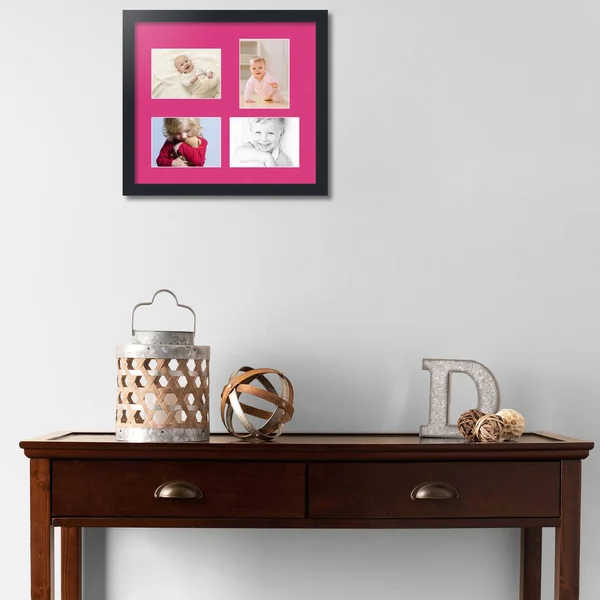 Collage Picture Frame - Satin Black Frame with 4 openings for 5x7 Photos with Pink Tulip Mat. D3926CR1117, ArtToFrames