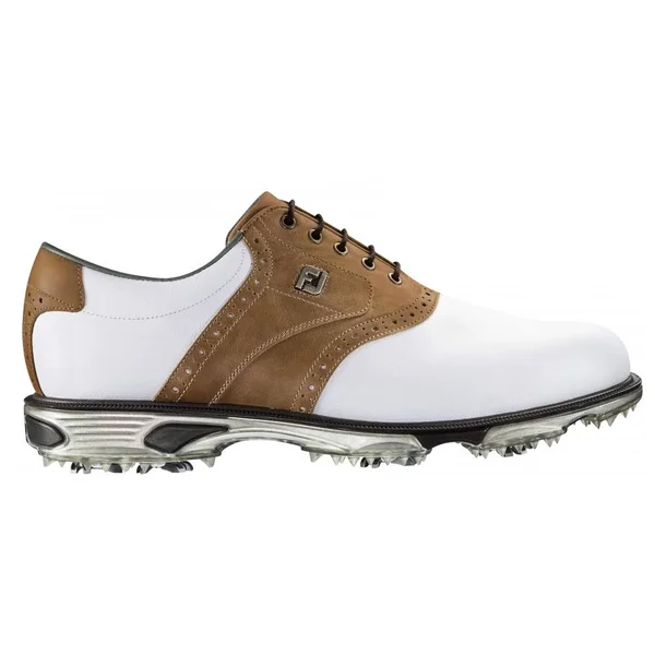 DryJoys Men's Tour Golf Shoes Spiked Saddle in White, Bomber Taupe Size 9 N