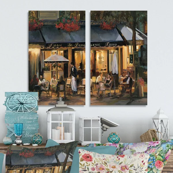 Designart &La Brasserie of Champs-蒷ys閑s Paris& French Country Canvas Wall Art Print 2 Piece Set - 12x22 W x 20x22 H x 1x22 D x