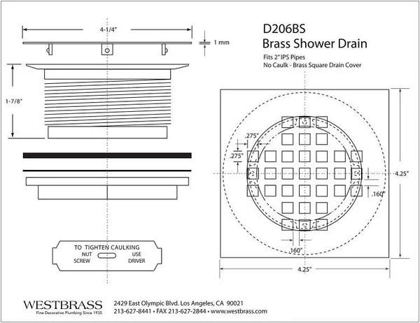 Westbrass 2x22 Brass Shower Drain with 4-1/4x22 Square Cover Satin Nickel D206BS-07