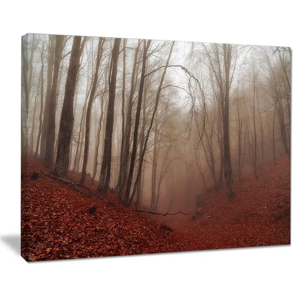 Design Art PT9809-40-30 Red Leaves in Foggy Fall Forest Landscape Photo Canvas Print - Red, 40x30x22