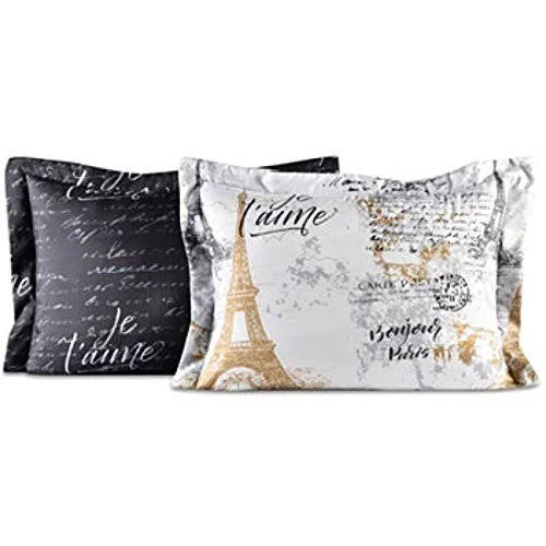 Bon Jour Paris, Eiffel Tower, Black & White Reversible Cal King Comforter Set (8 Piece Bed in A Bag)
