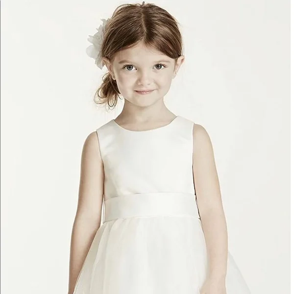 Satin Flower Girl, Communion Dress with Tulle Skirt - White, 4