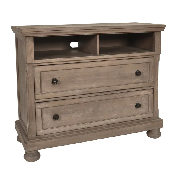 Benjara 2 Drawers Wooden Media Console with Open Compartment and Bun Feet - Brown