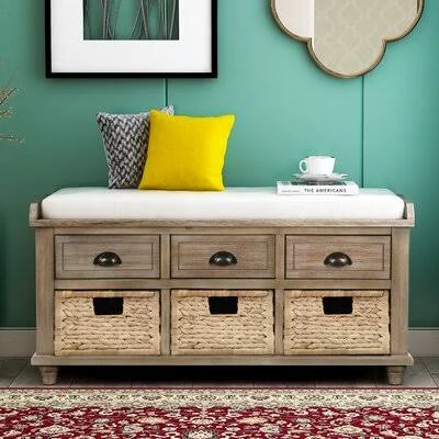 Rustic Storage Bench with 3 Drawers and 3 Rattan Baskets, Shoe Bench with Removable Cushion for Living Room, Entryway (White) Ca