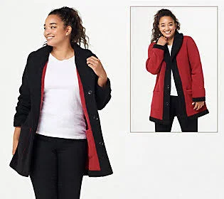 Susan Graver Weekend Reversible Sherpa & Polarfleece Coat, Size X-Small, Black/Red