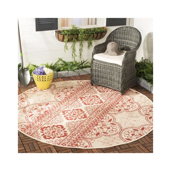 Safavieh Beach House Red/Cream 4 ft. x 4 ft. Damask Floral Indoor/Outdoor Round Area Rug