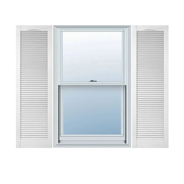 12 inchw x 29 inchh Lifetime Vinyl - Custom Cathedral Top All Louver, Open Louver Shutters, w/Shutter-Loks (Per Pair), Bright Whi