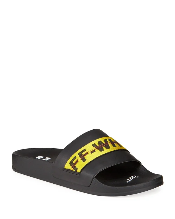 Off-White Men's Industrial Leather Slide Sandals - Black, Yellow, Men's, 9D, Sandals & Slides Slides