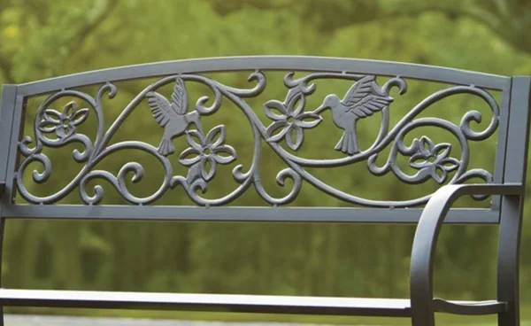 Cast Aluminum Outdoor Garden Bench with Hummingbird Design - Black