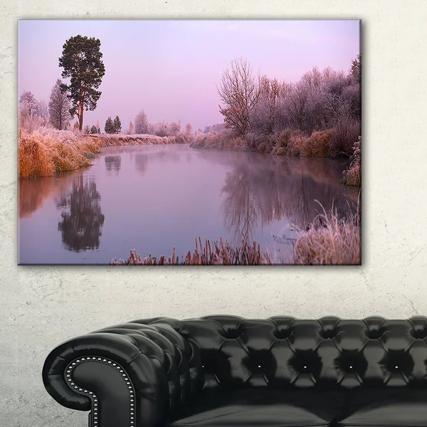 Design Art Misty Autumn Sunrise Over River - Landscape Print Wall Artwork - Yellow, 60 in. Wide x 28 in. High