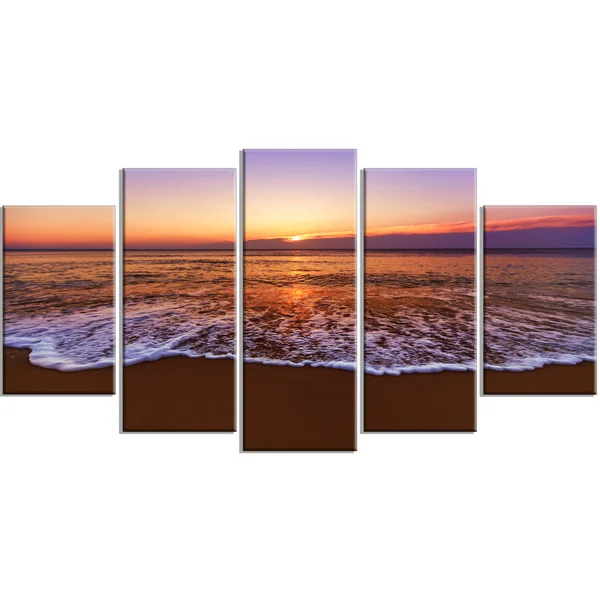 Design Art Orange Tinged Sea Waters at Sunset - Beach Canvas Wall Art, 60 in. Wide x 32 in. High - 5 Panels Diamond Shape