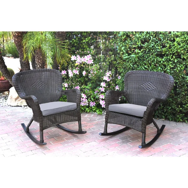 Jeco W00215-R_2-FS033 Set of 2 Windsor Espresso Resin Wicker Rocker Chair with Steel Blue Cushions
