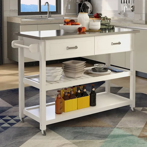 Phoebecat Stainless Steel Table Top White Kicthen Cart with Two Drawers - Kitchen Cart