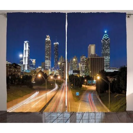 Urban Curtains 2 Panels Set - Image of Atlanta Skyline Twilight with Highway Buildings Skyscrapers Blurred Motion, Window Drapes