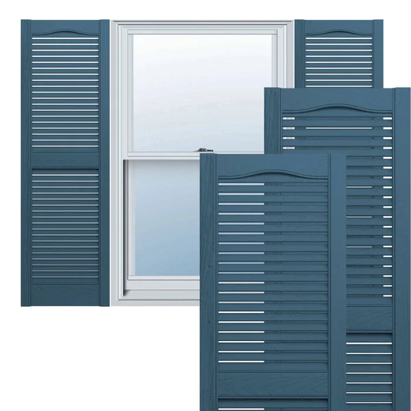 12 inchw x 69 inchh Lifetime Vinyl - Custom Straight Top Center Mullion, Open Louver Shutters, Classic Blue