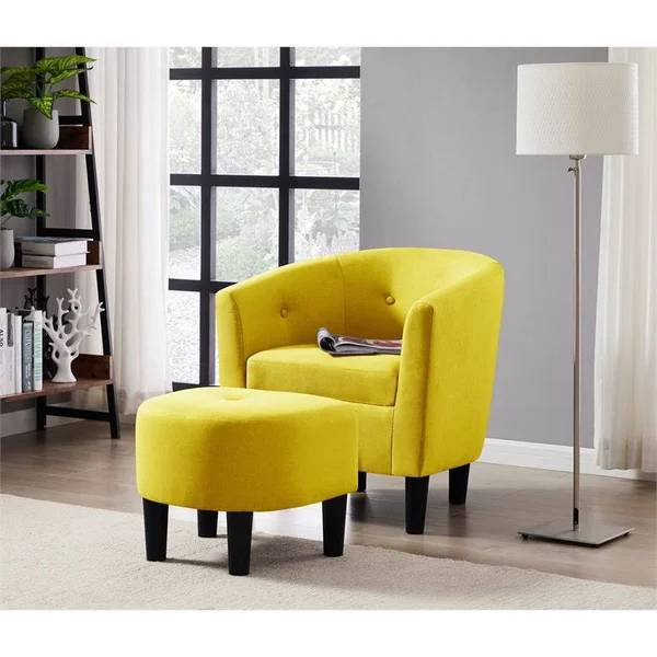Devion Furniture Polyester Fabric Accent Chair with Ottoman in Yellow