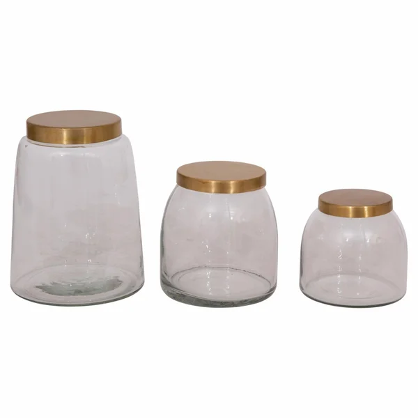 Creative Co-op Round Glass Jars with Brass Finish Lids Set of 3 Sizes