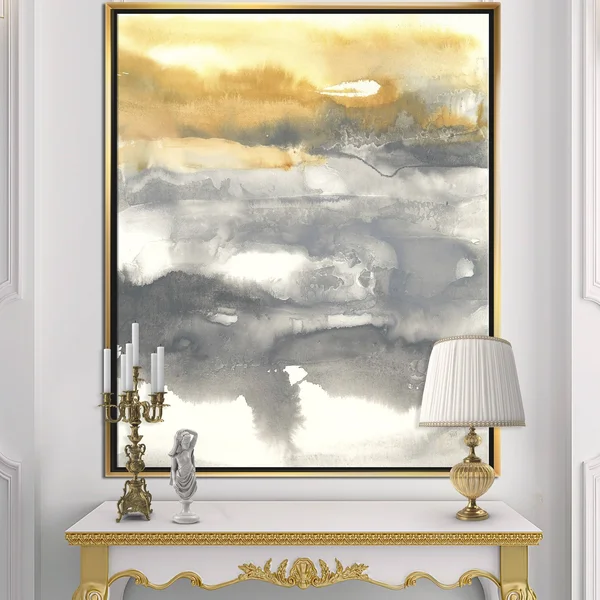 Designart &Gold Glamour Direction II& Modern & Contemporary Framed Canvas - Grey - 30 in. Wide x 40 in. High - White