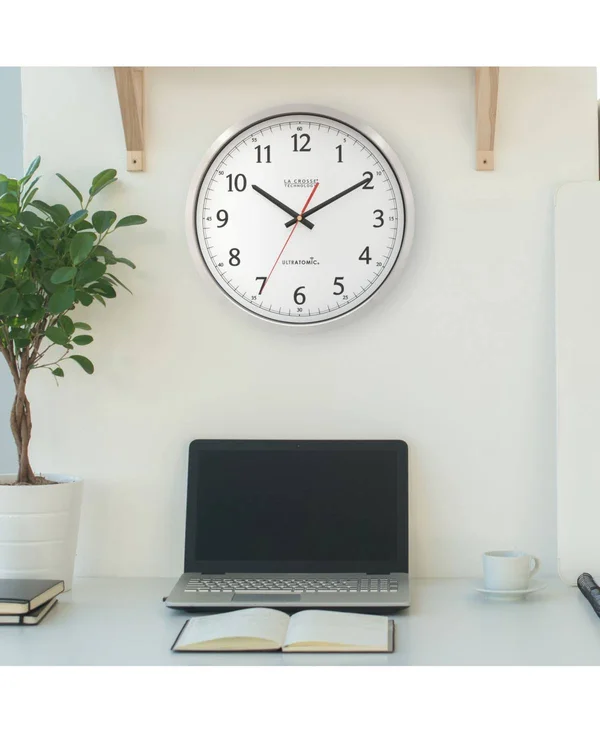 La Crosse Technology 404-1235UA-PL UltrAtomic 14 inch Stainless Steel Wall Clock - Plastic Lens, Silver