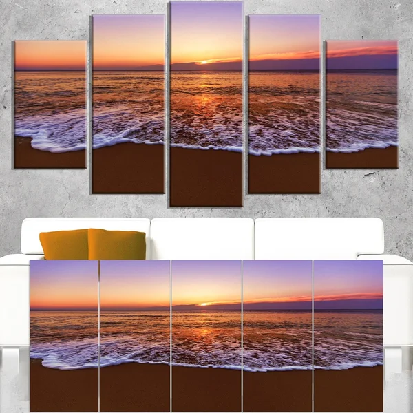 Design Art Orange Tinged Sea Waters at Sunset - Beach Canvas Wall Art, 60 in. Wide x 32 in. High - 5 Panels Diamond Shape
