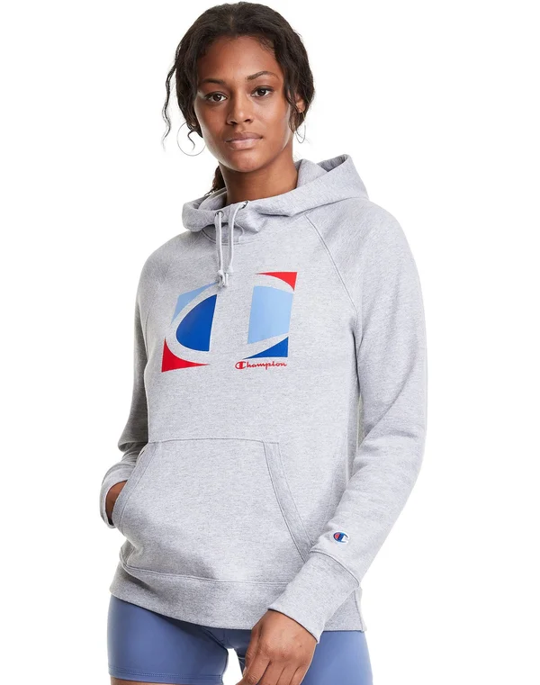 Champion Women's Athletics Powerblend Fleece Classic Hoodie - Colorblock Knockout C Logo Oxford Grey S