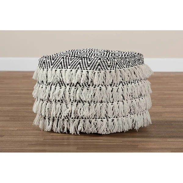 Baxton Studio Alain Moroccan Inspired Black and Ivory Handwoven Wool Tassel Pouf Ottoman