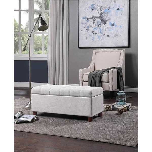 Storage Bench Tufted Linen Fabric Ottoman Storage Bench - Beige