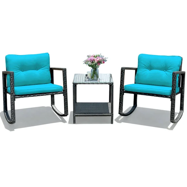 3 Pcs Patio Rattan Set Rocking Chair Cushioned Sofa Garden Furniture-Blue