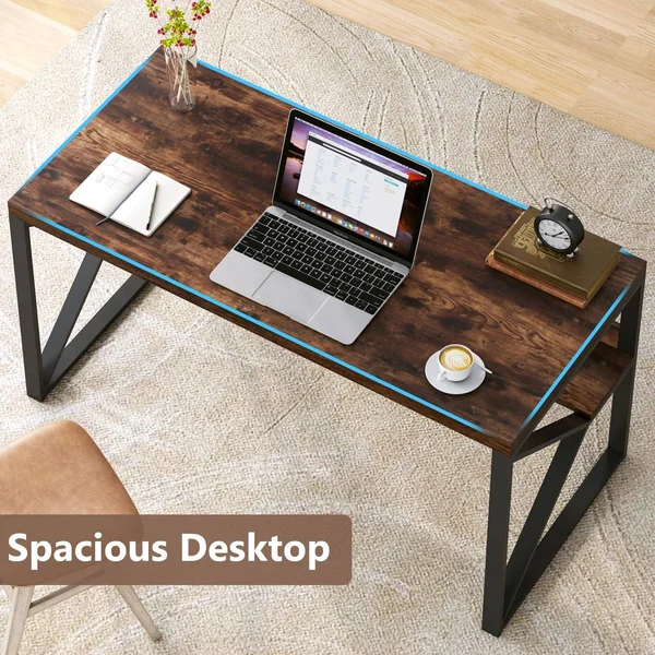 Faux Wood Computer Desk with Shelf, 55 inch Study Writing Table Workstation, Rustic Brown