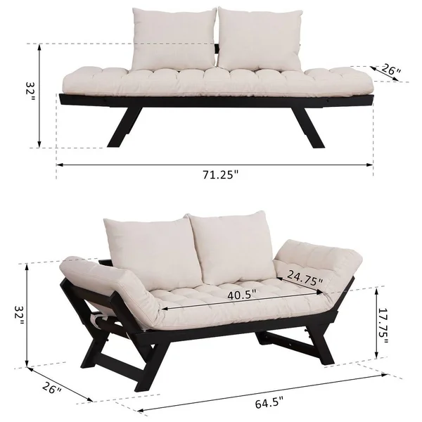 HomCom Black, Cream White Single Person 3-Position Convertible Couch Chaise Lounger Sofa Bed